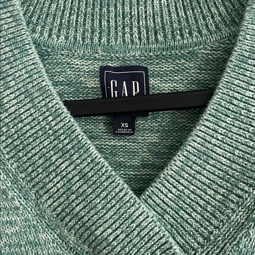 GAP Green Teal 100% Cotton Knit V-Neck Sweater XS - Picture 3 of 6